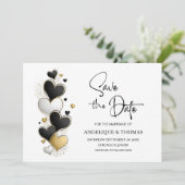 Black White Gold Hearts Wedding Save the Date (Debout devant)