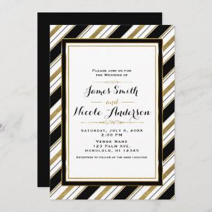 Black White & Gold Horizontal Chic Stripes Wedding Kaart