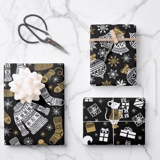 Black White Gold Modern Kerstmis Inpakpapier Vel (Voorkant)