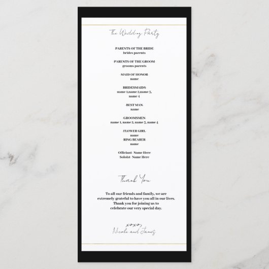 Black White Gold Moderne Programme de mariage mini (Dos)