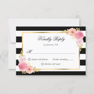 Black White Gold Pink Waterverf Floral Wedding RSVP Kaartje