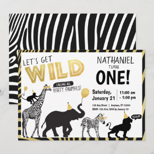 Black White Gold Wild One Party Animal Birthday Kaart