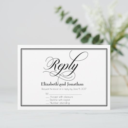 Black & White Graceful Script Wedding Reply Kaart (Staand voorkant)