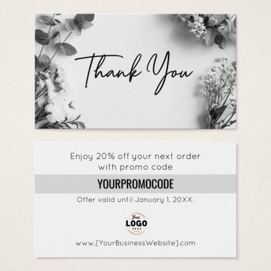 Black White Gray Botanical Thank You Discount Card (Devant & derrière)