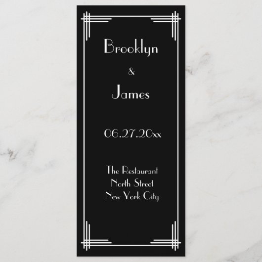 Black White Great Gatsby Art Deco Wedding Menu (Achterkant)