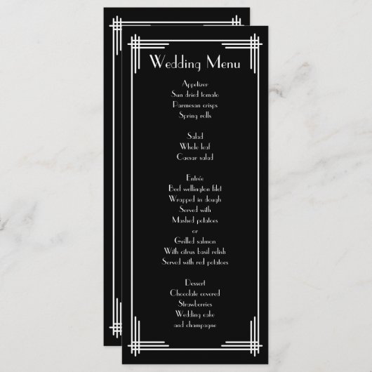 Black White Great Gatsby Art Deco Wedding Menu (Voorkant / Achterkant)