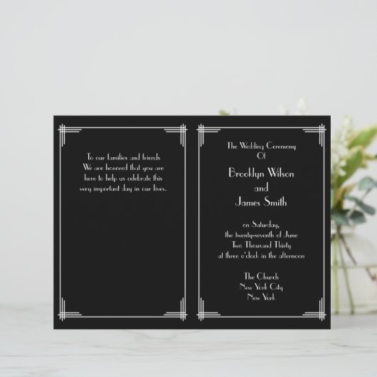 Black White Great Gatsby Art Deco Wedding Programm (Staand voorkant)