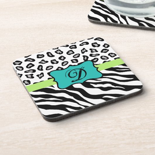 Black White Green & Turquoise Zebra & Cheetah Skin Onderzetter (Linkerzijde)