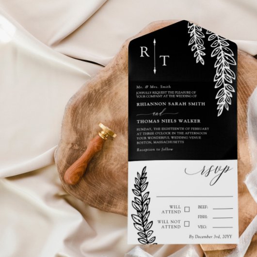 Black White Greenery Monogrammed Wedding All In One Uitnodiging