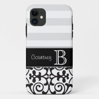 Black White Grey Damask Monogram iPhone 5 11 Hoesje
