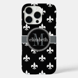 Black White Grey Fleur de Lis Monogram iPhone 16 Pro Hoesje