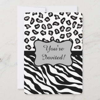 Black White Grey Zebra Leopard Invitation Kaart