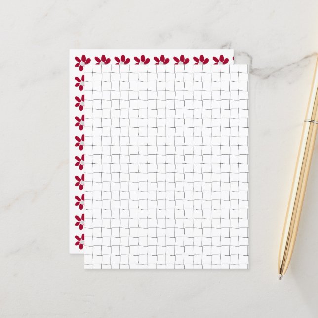 Black White Grid Red Flowers Scrapbook Paper (Voorkant / Achterkant in situ)