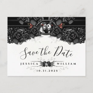 Black White Halloween Lace Wedding Skeletons Aankondigingskaart