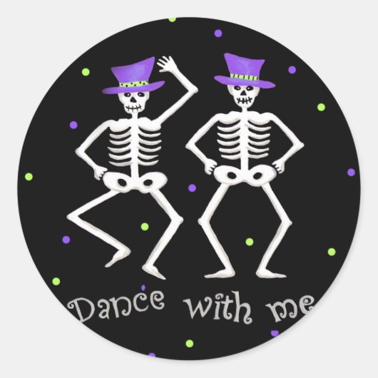 Black White Halloween Skeleton Botten Dance Ronde Sticker (Voorkant)