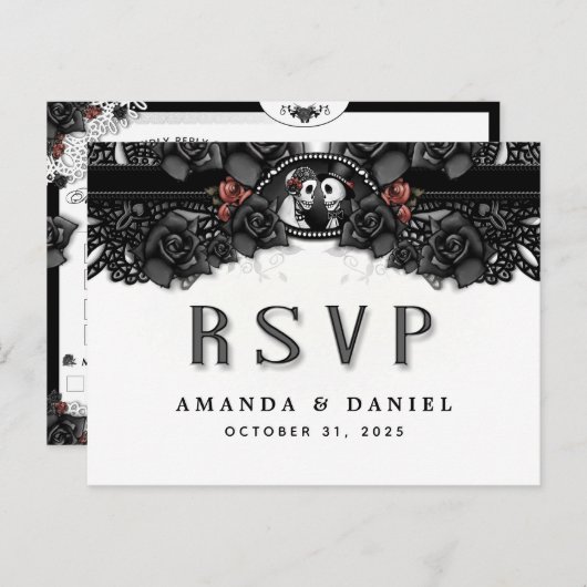 Black White Halloween Skeletons MENU RSVP Briefkaa (Voorkant / Achterkant)
