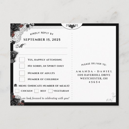 Black White Halloween Skeletons MENU RSVP Briefkaa (Achterkant)