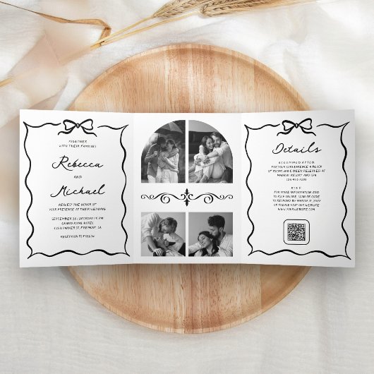 Black & White Hand Drawn Bow QR Code Photo Wedding Drieluik Uitnodiging