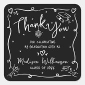 Black White Hand Drawn Doodle Graduation Thank You Vierkante Sticker (Voorkant)