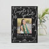 Black White Hand Drawn Doodles Graduation 4 Photo Aankondiging (Staand voorkant)