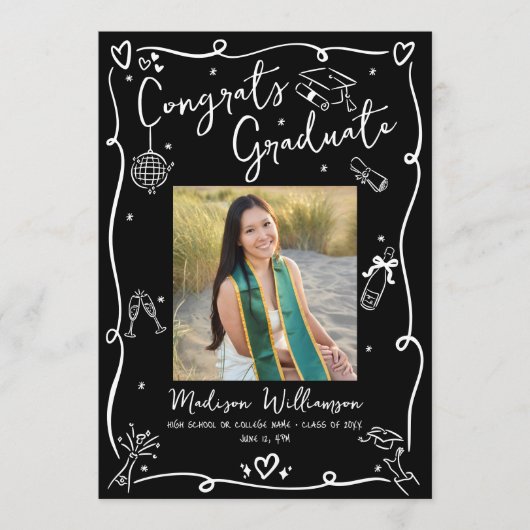 Black White Hand Drawn Doodles Graduation 4 Photo Aankondiging (Voorkant)