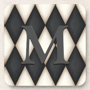 Black & White Harlequin Check Elegant 3-D Monogram Bier Onderzetter