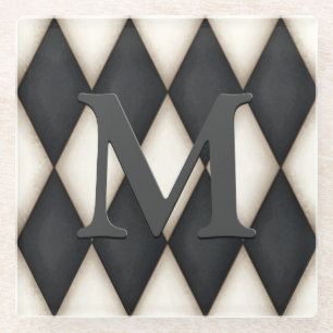 Black & White Harlequin Check Elegant 3-D Monogram Glazen Onderzetter