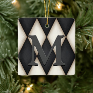 Black & White Harlequin Dramatic Custom Monogram Keramisch Ornament