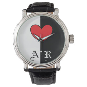 Black White Heart Watch met Initialen Horloge