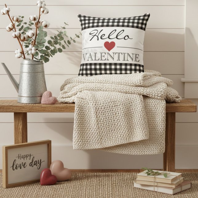 Black & White Hello Valentine Plaid Gingham Kussen (Creator heeft geüpload)