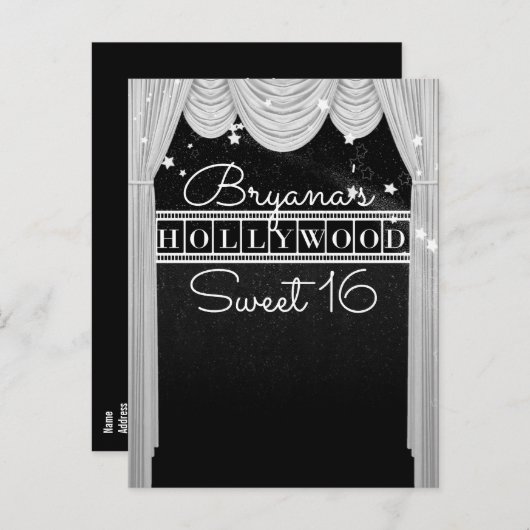 Black & White HOLLYWOOD Curtains Elegant Party Aankondigingskaart (Voorkant / Achterkant)