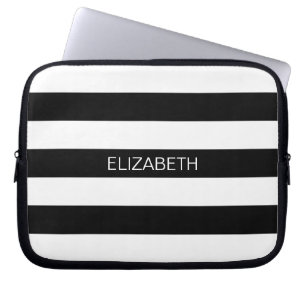 Black White Horiz Preppy Stripe #2 Naam Monogram Laptop Sleeve
