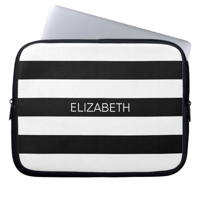 Black White Horiz Preppy Stripe #2 Naam Monogram Laptop Sleeve (Voorkant)