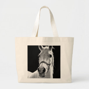 Black White Horse in de nacht close-up Grote Tote Bag