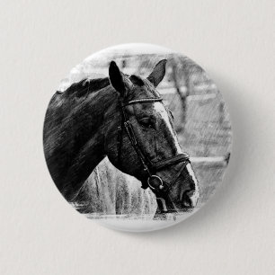 Black White Horse Sketch Ronde Button 5,7 Cm