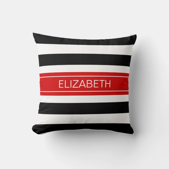 Black White Horz Preppy Stripe Red Name Monogram Kussen (Voorkant)