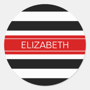 Black White Horz Preppy Stripe Red Name Monogram Ronde Sticker