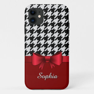 Black White Houndstooth Pattern Red Bow iPhone 11 Hoesje