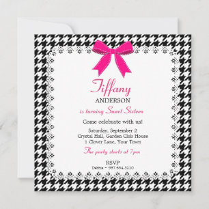 Black & White Houndstooth Pink Bow Lace Sweet 16 Kaart
