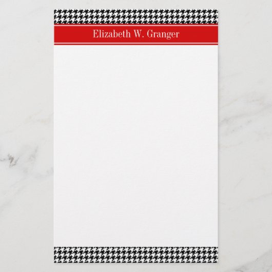 Black White Houndstooth Red Name Monogram Briefpapier (Voorkant)