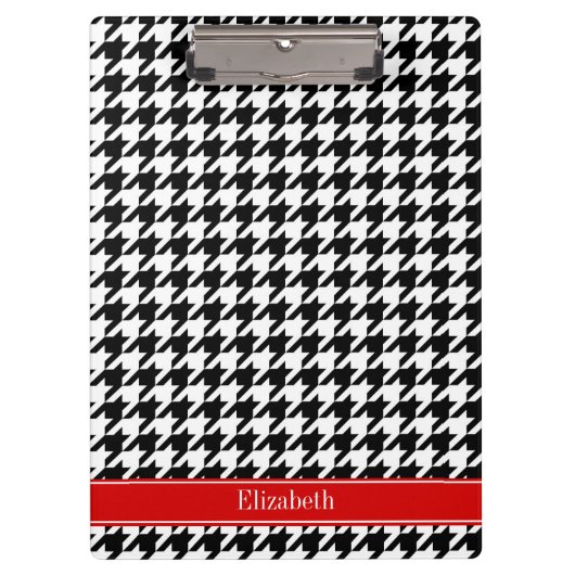 Black White Houndstooth Red Name Monogram Klembord (Voorkant)