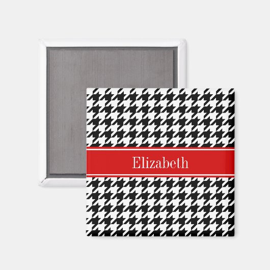 Black White Houndstooth Red Name Monogram Magneet (Voorkant / Achterkant)