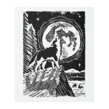 Black & White Howling Husky bij nacht Linocut