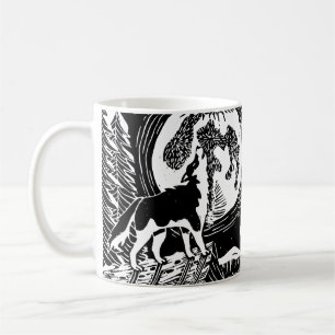 Black & White Howling Husky bij nacht Linocut Koffiemok