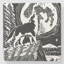 Black & White Howling Husky bij nacht Linocut