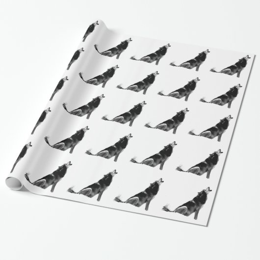 Black White Howling Wolf Cadeaupapier (Uitgerold)