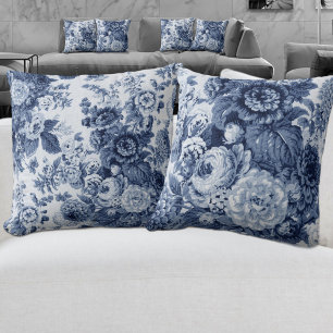 Black White Indigo Blue Tone  Floral Toile Kussen