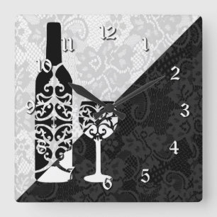 Black & White Lace Wine Bottle Square Clock Vierkante Klok