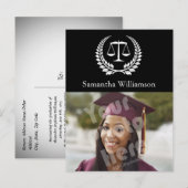 Black/White Laurel Law School Afstuderen Aankondigingskaart (Voorkant / Achterkant)