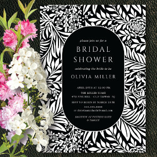 Black White Leaf Floral Bridal Shower Kaart